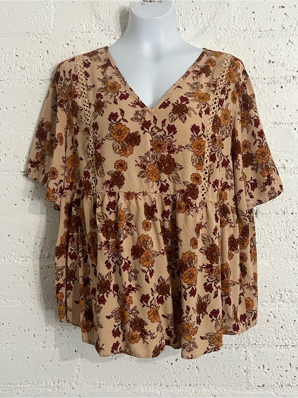 Rusttydustty Top 3XL Brown Floral Short Sleeve Boho Peasant Blouse Viscose AM3